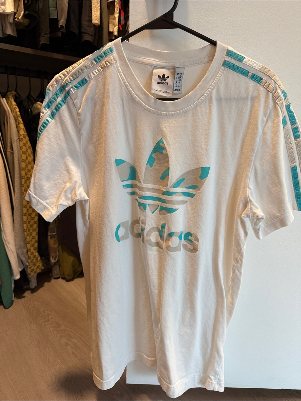 adidas White Tee with Teal Trefoil and Stripes